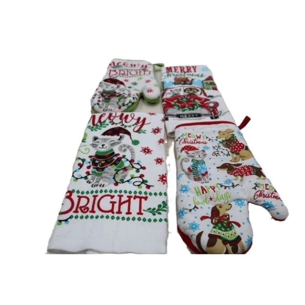 Christmas Cat Table and Kitchen Linens Ornaments 22 Pieces